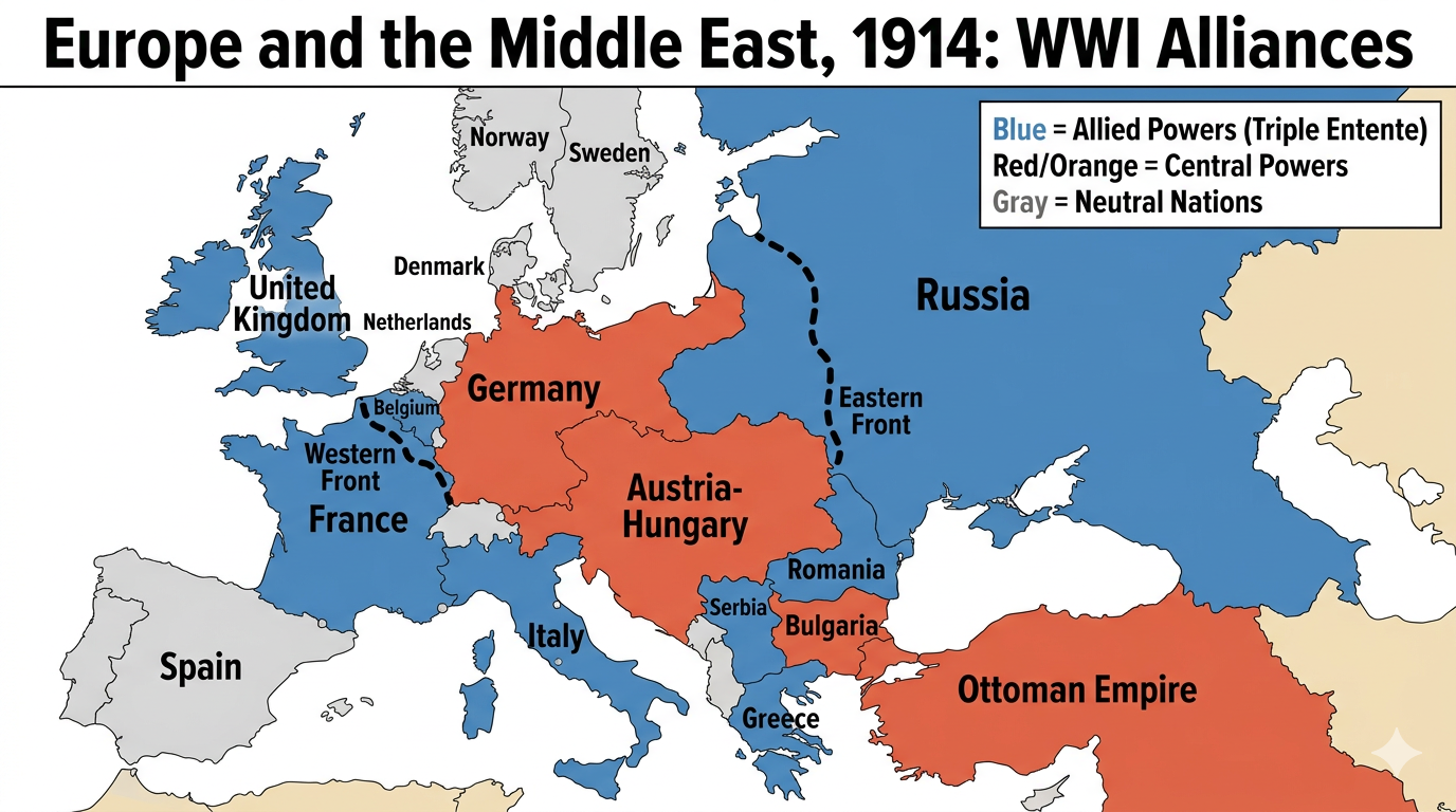 Map of Europe and the Middle East in 1914 showing WWI alliances. Allied Powers (Triple Entente) shaded blue include the United Kingdom, France, Russia, Serbia, Romania, Greece, Belgium, and Italy. Central Powers shaded red/orange include Germany, Austria-Hungary, the Ottoman Empire, and Bulgaria. Neutral nations shaded gray include Spain, Netherlands, Norway, Sweden, and Denmark. The Western Front is marked with a dashed line through Belgium and northeastern France; the Eastern Front is marked with a dashed line through eastern Europe.