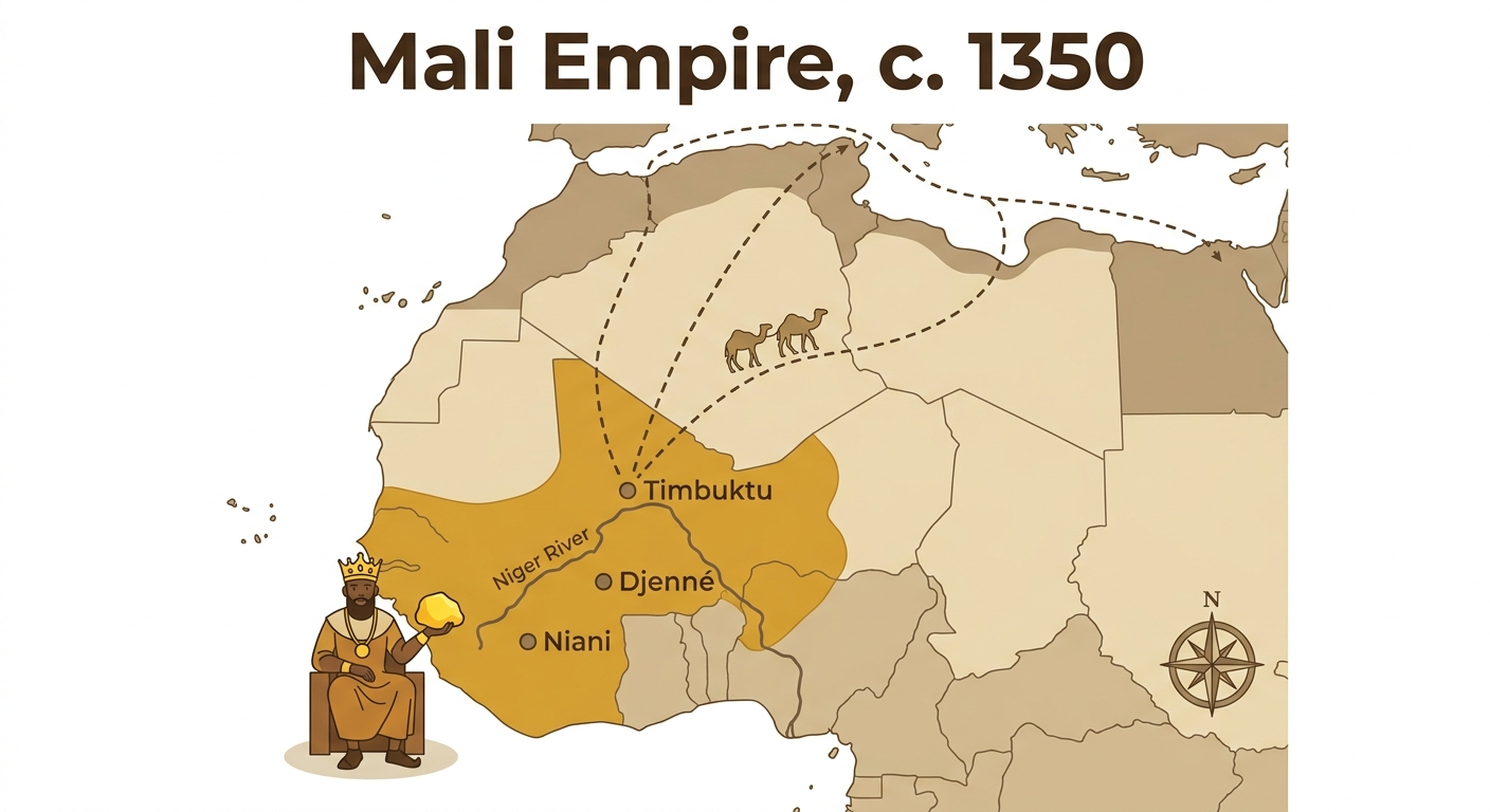 Stylized educational map of the Mali Empire circa 1350, showing the empire&rsquo;s territory in West Africa, trans-Saharan trade routes, the cities of Timbuktu, Djenn&eacute;, and Niani, and a figure representing Mansa Musa holding gold.