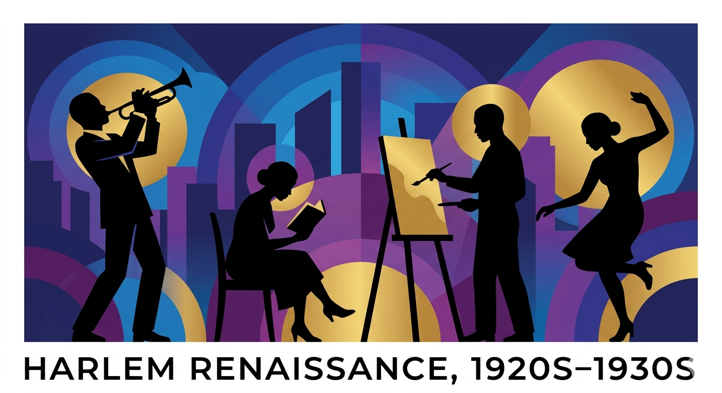 Harlem Renaissance-style illustration showing four stylized Black figures engaged in music, reading, visual art, and dance, set against a geometric city skyline in blues, purples, and gold.