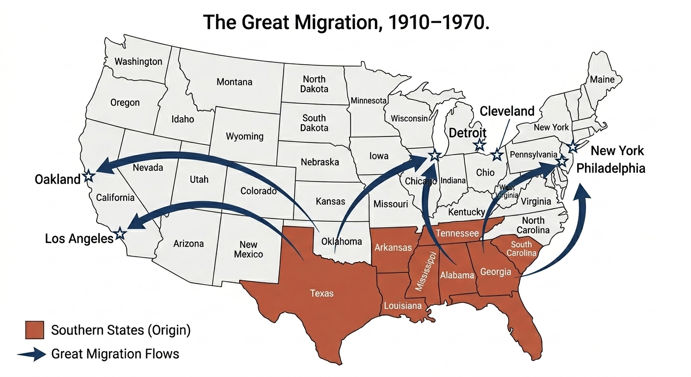 Educational map of the United States showing Great Migration flow arrows from Southern states to Northern, Midwestern, and Western cities including Chicago, Detroit, New York, and Los Angeles, 1910–1970.