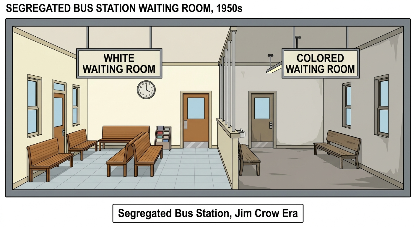 Diagram of a segregated 1950s bus station waiting room divided into a larger &ldquo;White Waiting Room&rdquo; and a smaller &ldquo;Colored Waiting Room,&rdquo; illustrating the physical structure of Jim Crow segregation.