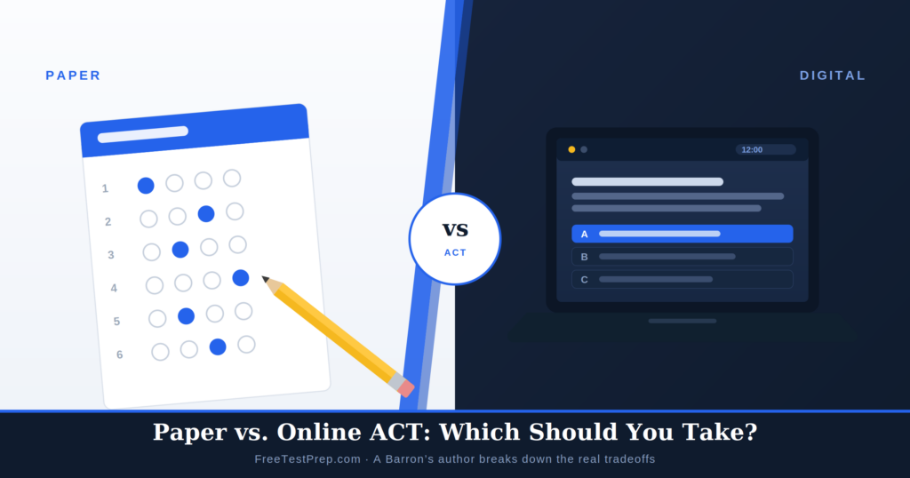 A paper ACT answer sheet with a pencil beside a laptop displaying an online test, illustrating the choice between the paper and digital ACT.